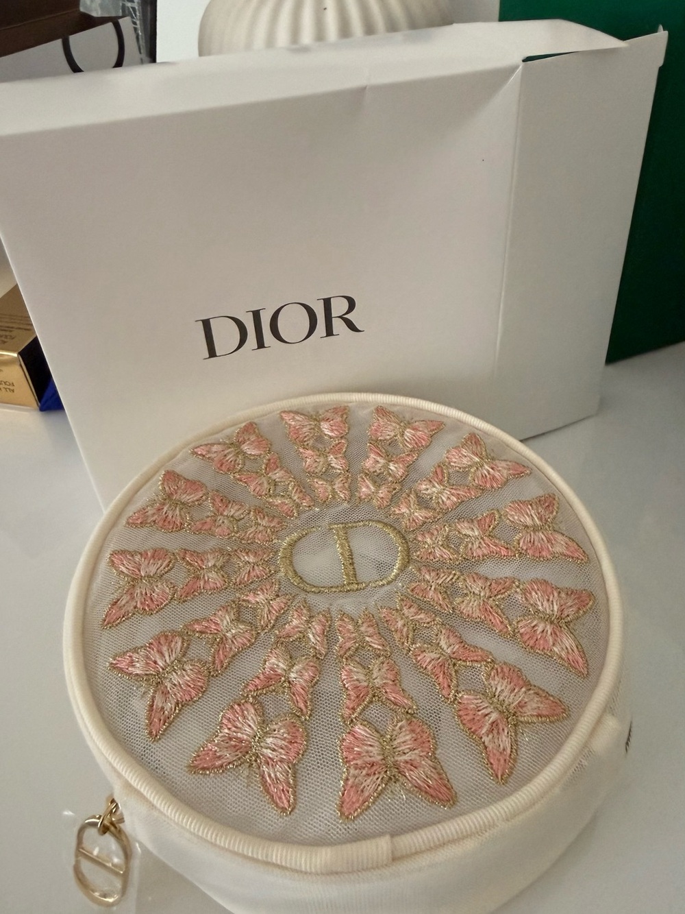 Mother’s Day Dior Round Mesh Cosmetic Pouch in Cream & Gold, Limited Edition